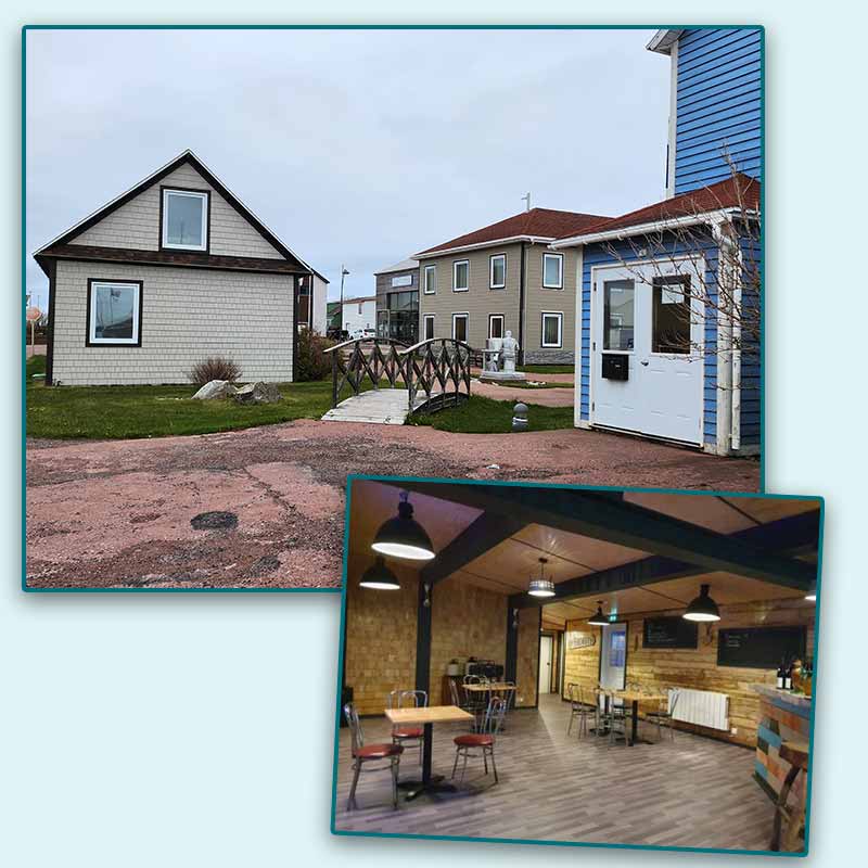 Bon accueil au village de Miquelon. Maisons typiques et restaurant